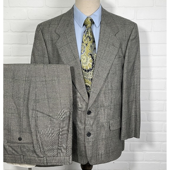 Suit Men 42R‎ 36W 28L Black Gray Plaid Pleat Cuff Classic Career Virgin Wool - Picture 1 of 16